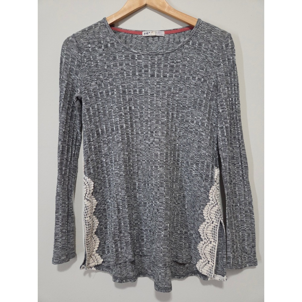 Jolt Women Grey Ribbed Knit Long‎ Sleeve Top with Crochet Lace Side Trim Size M
